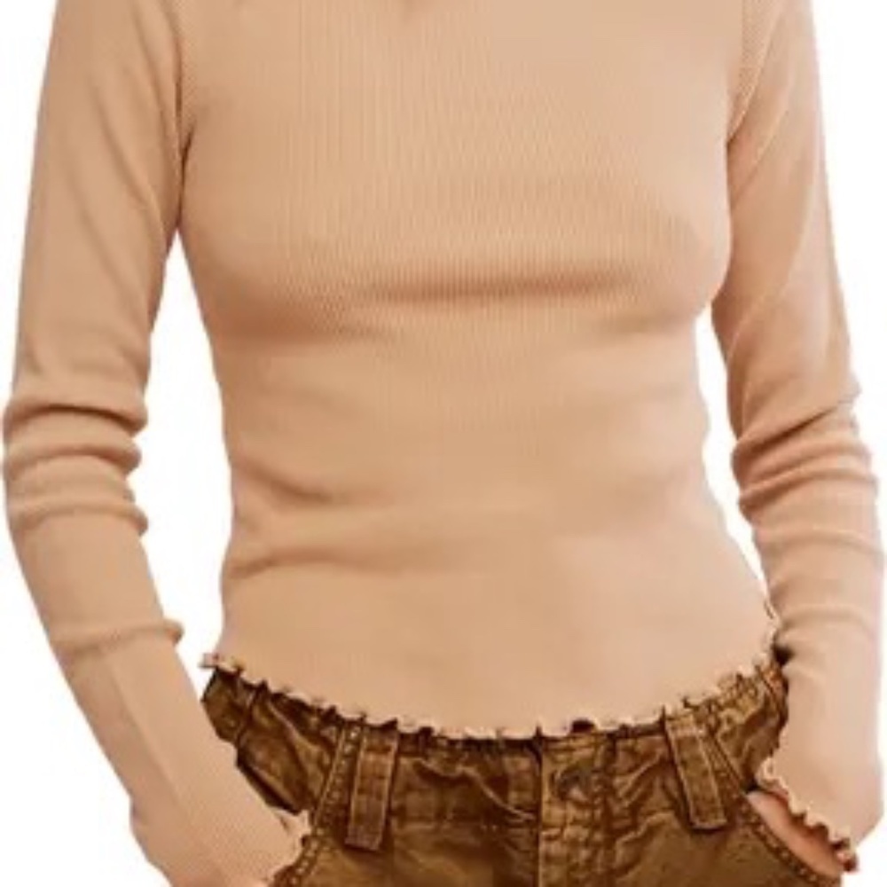 We The Free Free People Tan Waffle Knit Lettuce Edge Thermal Top Medium